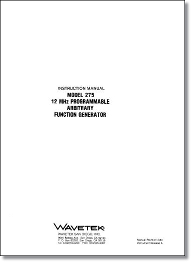 Wavetek 275 Function Generator Instruction Manual Wavetek 275 Function Generator Instruction Manual